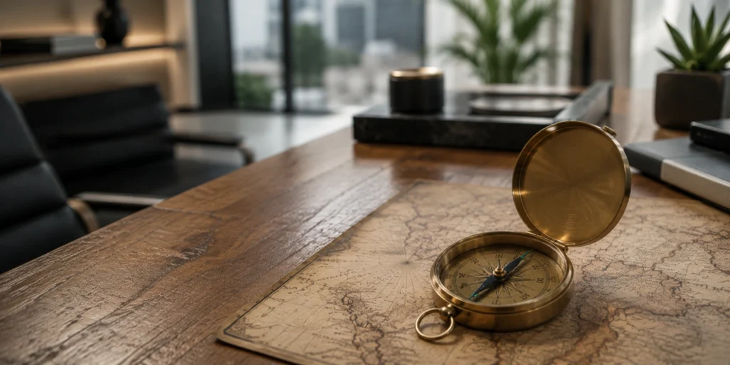 A brass compass rests on an antique map, symbolizing guidance in a multi-strategy investment approach.