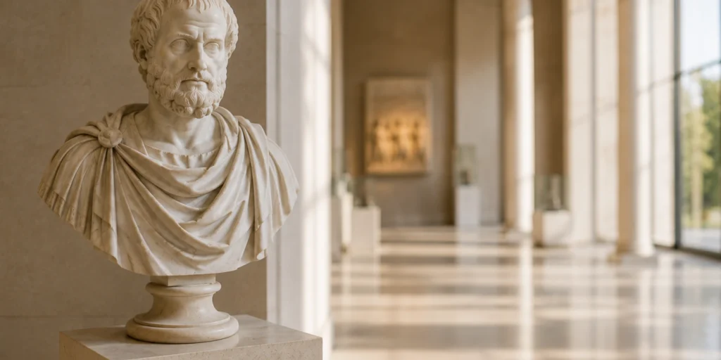 Marble bust of Aristotle displayed in a museum, symbolizing his influence on charitable giving throughout history.