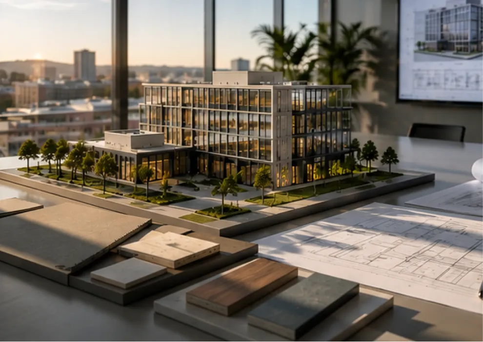 Architectural model of a modern building with surrounding greenery, showcasing design elements and investment potential.