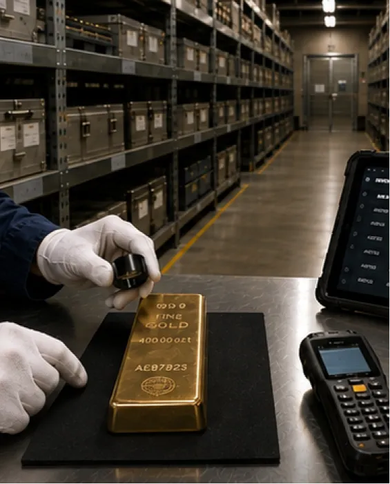 A gold bullion bar is inspected in a secure storage facility, highlighting alternative investment options.