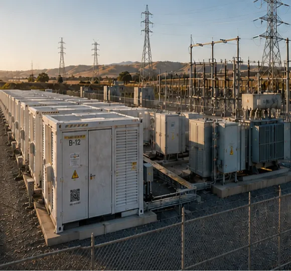 Energy storage units and electrical infrastructure at a renewable energy facility under a clear sky.