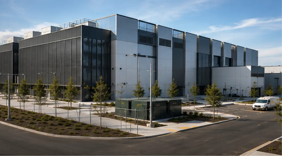 Modern data center building with landscaped surroundings, highlighting infrastructure for alternative investments.