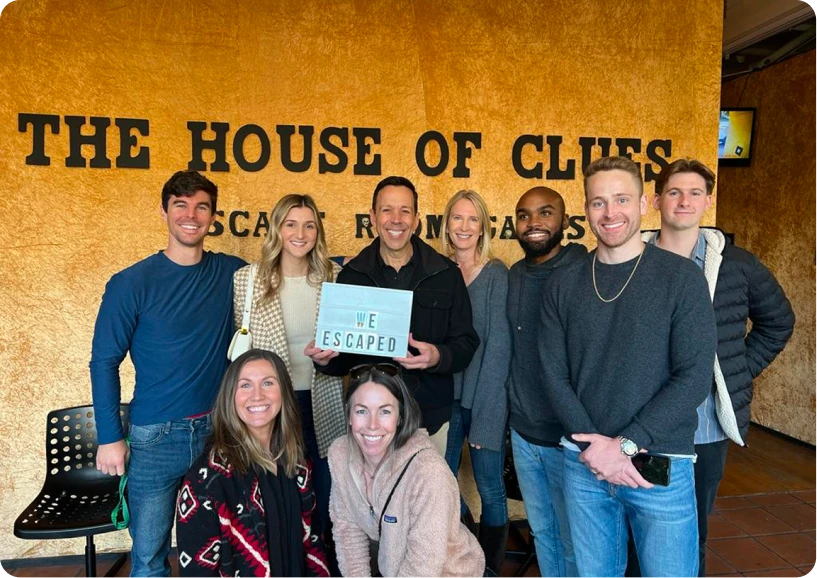 Collage showcasing team-building activities, including escape rooms, community service, and professional networking events.