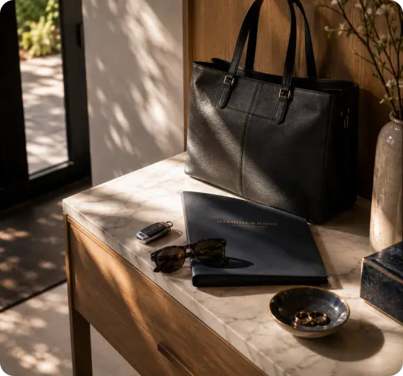 A purse and a portfolio on an entry table