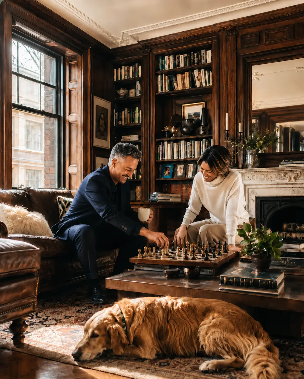 A couple plays chess in their Boston brownstone