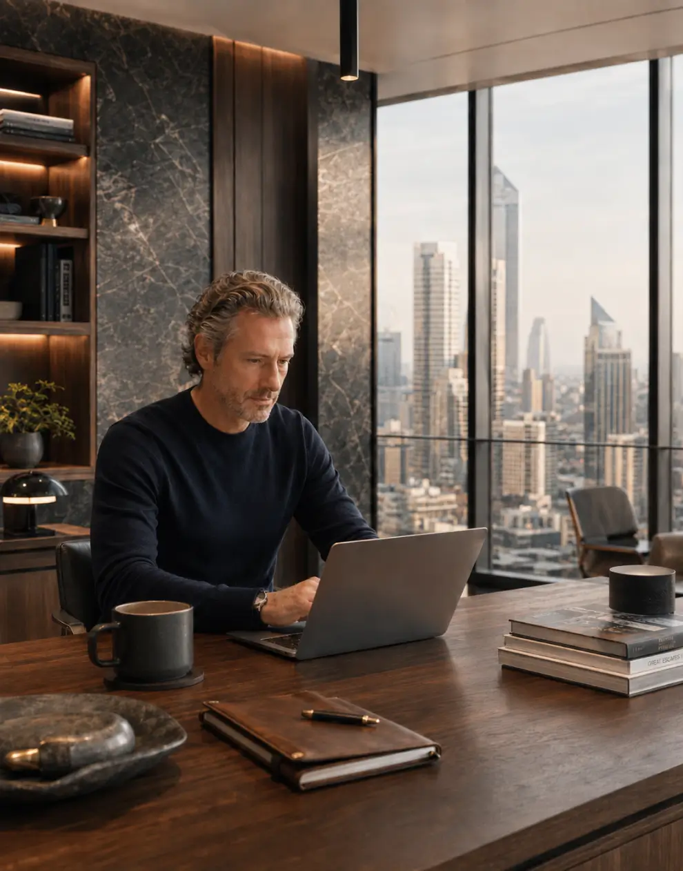A man in his city apartment sits at his kitchen counter