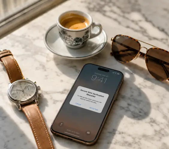A phone displays a message about a secure funds transfer