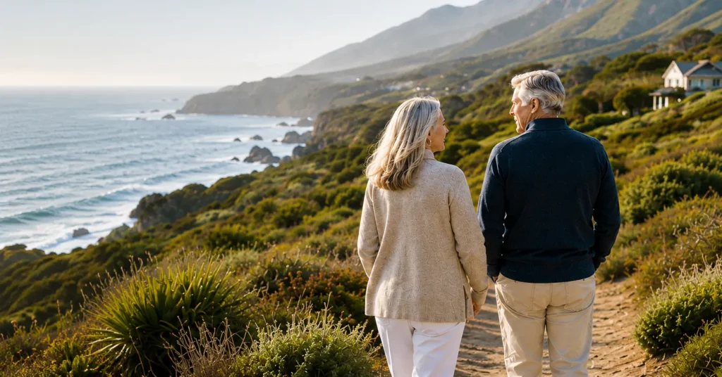 A couple strolls hand-in-hand along a coastal path, symbolizing the guidance of a wealth management firm for life's journey.