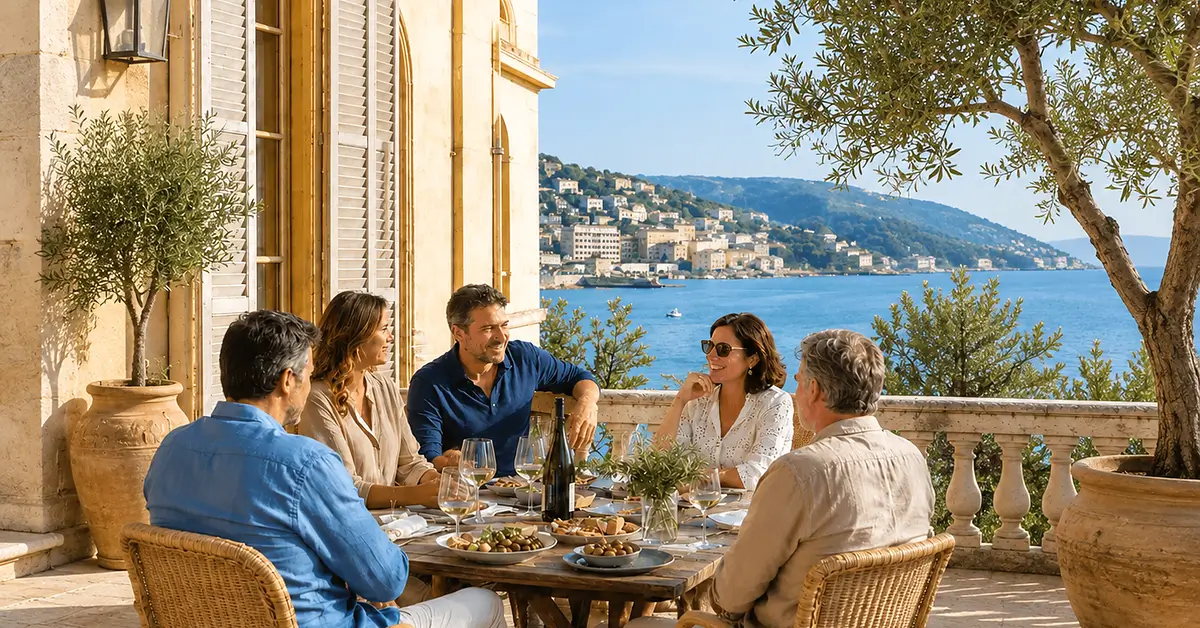 A family sits enjoying a meal outdoors