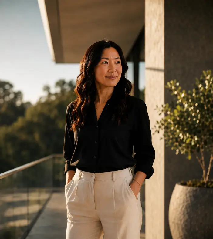 A woman stands on a sunlit balcony
