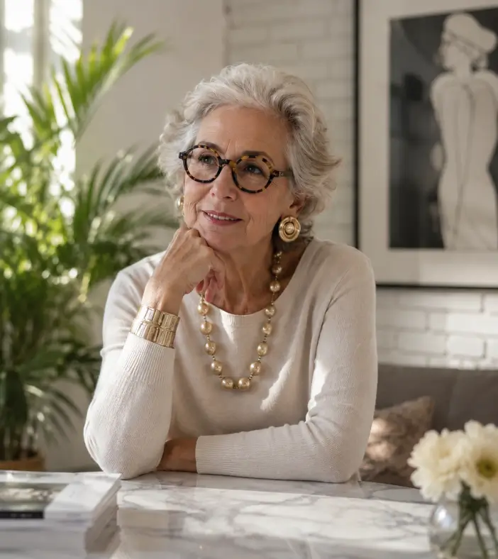 A fashionable older woman sits at a table