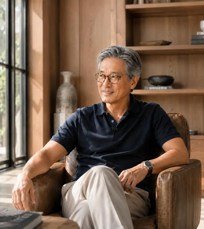 A man looks out the window, sitting in a chair in his office