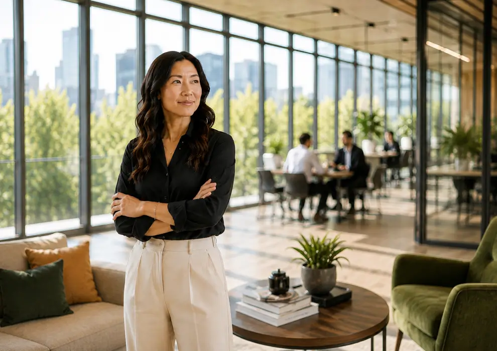 A woman stands in her office