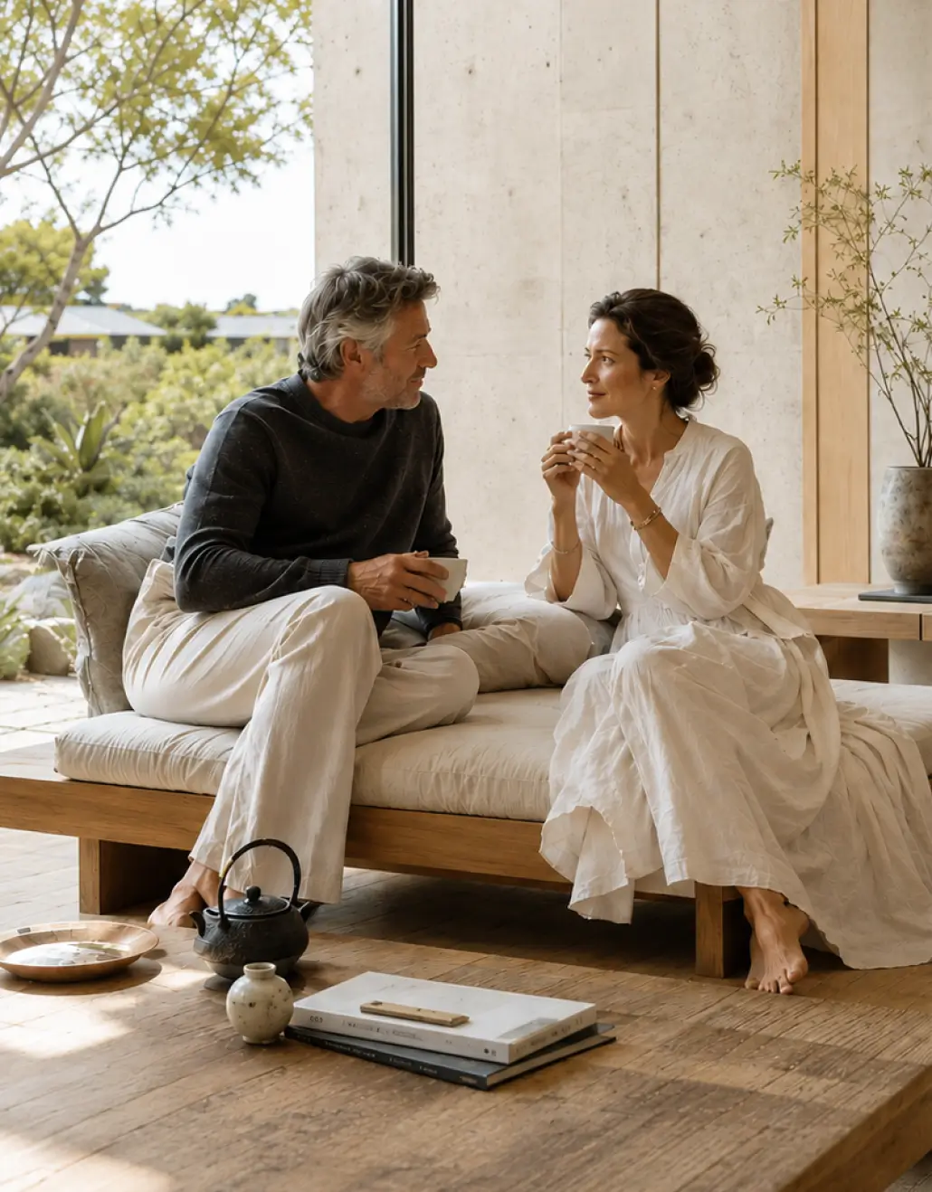 A couple deep in conversation in a summery environment