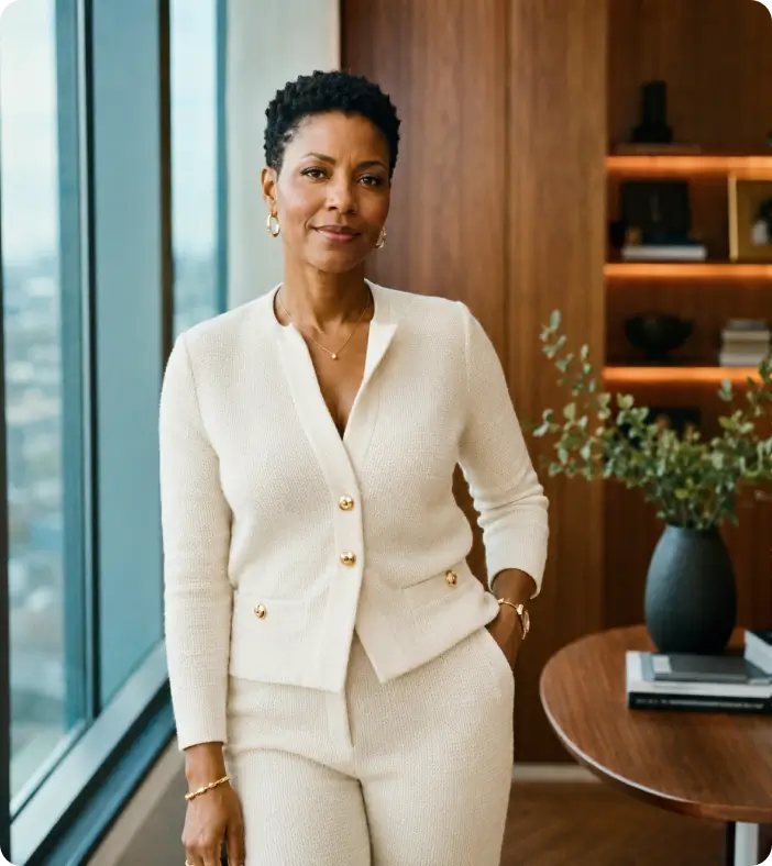 A business owner stands in her office