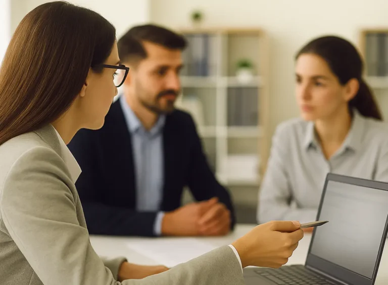 A woman in business attire discusses a document with two colleagues during a meeting.