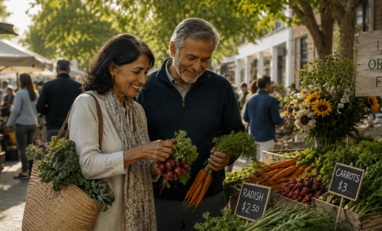 Couple enjoying fresh produce at a farmer's market, highlighting community and healthy choices amid Medicare Part D Changes for 2027.
