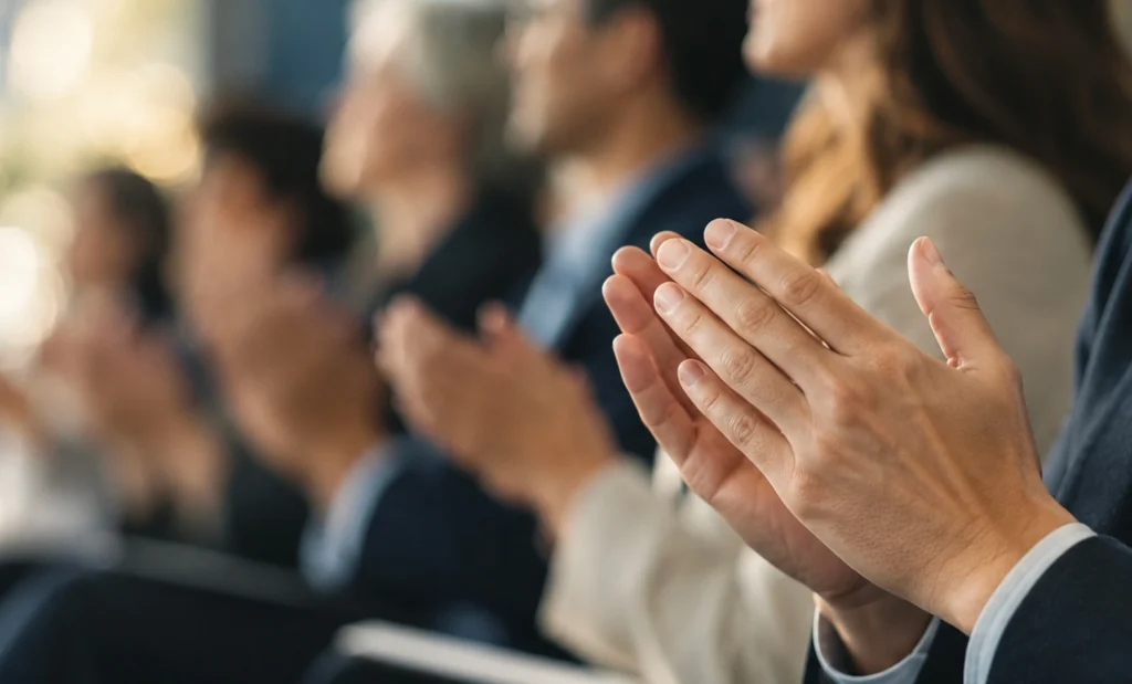 Audience members applauding, highlighting engagement and support about Mission Wealth's brand evolution event.