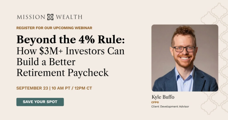 Webinar announcement featuring Kyle Buffo on optimizing retirement strategies for investors with over $3 million.