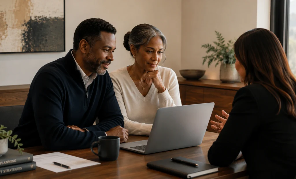 Couple discusses 2026 year-end 529 planning with a financial advisor over a laptop in a modern office setting.