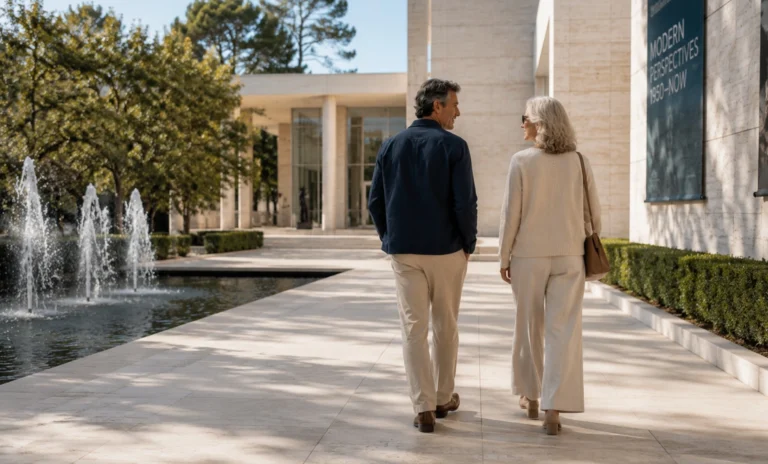 A couple strolls through a serene outdoor space, contemplating their future and the question, can I retire early?