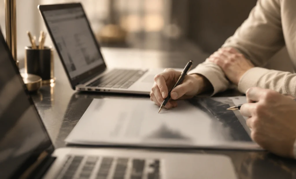 A person writes notes while using laptops, illustrating tips on how to protect personal information online.