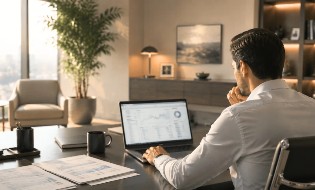 A professional analyzing financial data on a laptop in a modern office setting, reflecting the Fed Market Update.