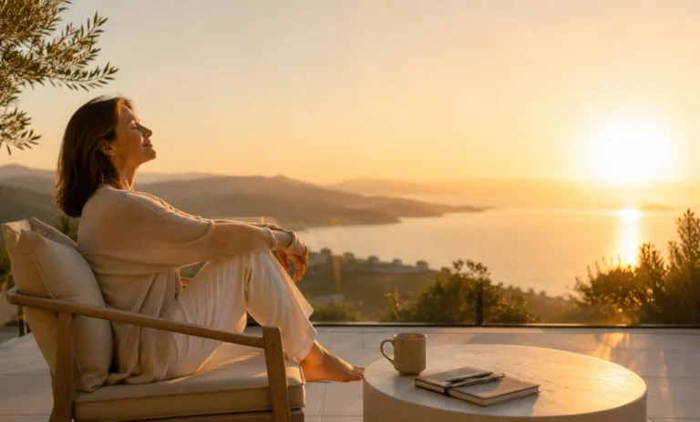 A woman relaxes with a cup of coffee at sunrise, reflecting on women and wealth amidst a serene landscape.